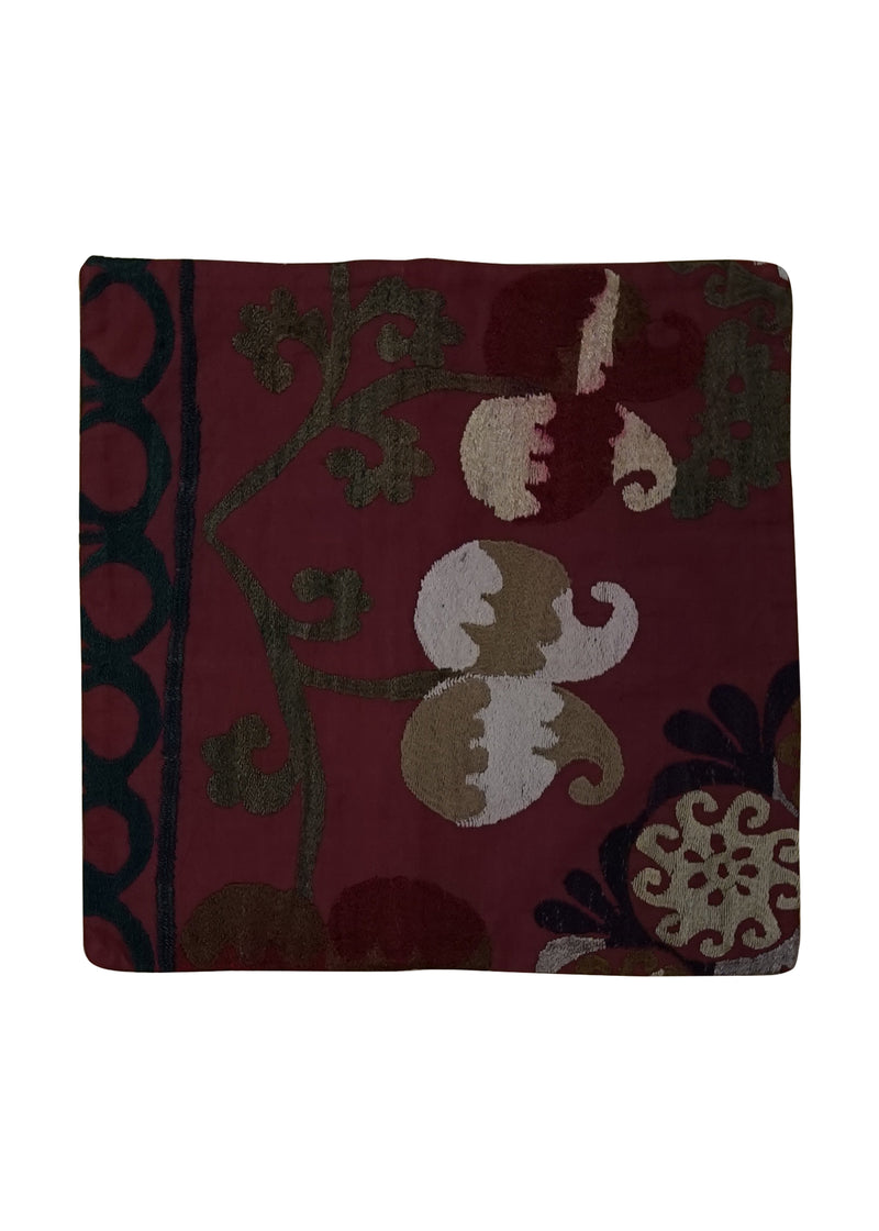 Oriental Rug Uzbek Handmade Pillow Traditional 1'4"x1'4" (1x1) Red Suzani Floral Partition Design #A24885