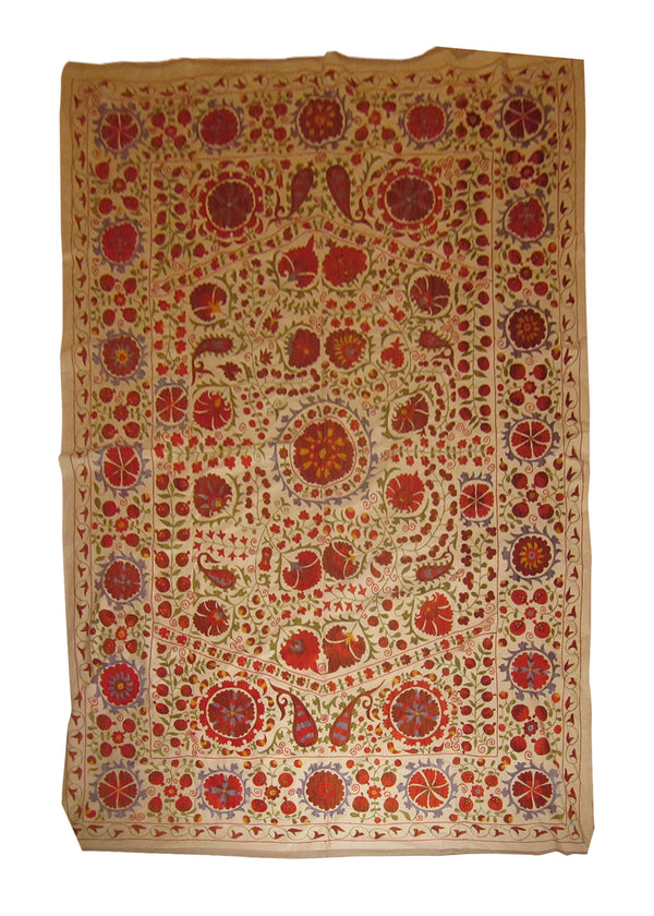 Oriental Rug Uzbek Handmade Area Traditional 6'3"x8'10" (6x9) Red Whites/Beige Tapestry Suzani Floral Design #A24886