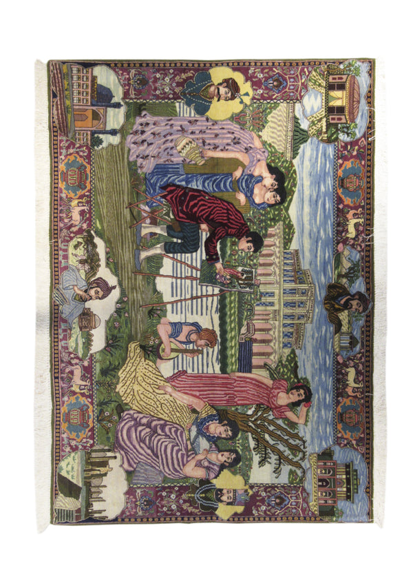 Persian Rug Tabriz Handmade Area Traditional 4'6"x6'5" (5x6) Multi-color Red Green Pictorial Design #A24893