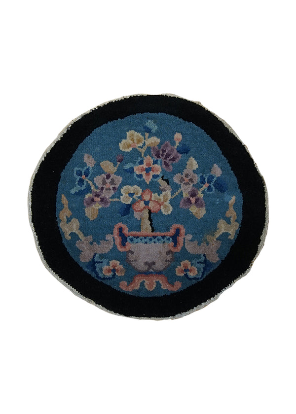 Oriental Rug Chinese Handmade Round Traditional Antique 1'8"x1'10" (2x2) Blue Black Fetti Floral Design #A24937
