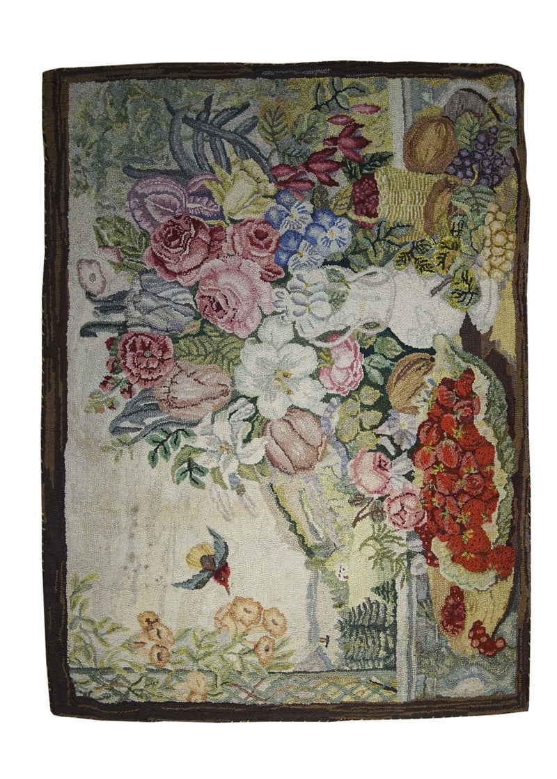 Oriental Rug Chinese Handmade Area Traditional Antique 3'0"x4'0" (3x4) Whites/Beige Brown Red Hooked Floral Pictorial Design #A24939