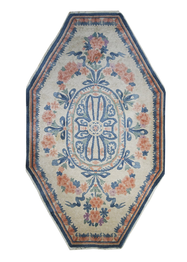 Oriental Rug Chinese Handmade Round Traditional Antique 2'8"x4'4" (3x4) Whites/Beige Blue Pink Octagon Fetti Floral Design #A24940