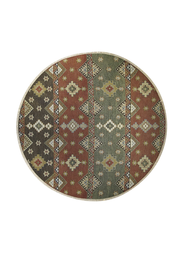 Oriental Rug Indian Handmade Round Transitional 8'0"x8'0" (8x8) Green Red Soumak Geometric Design #A24948