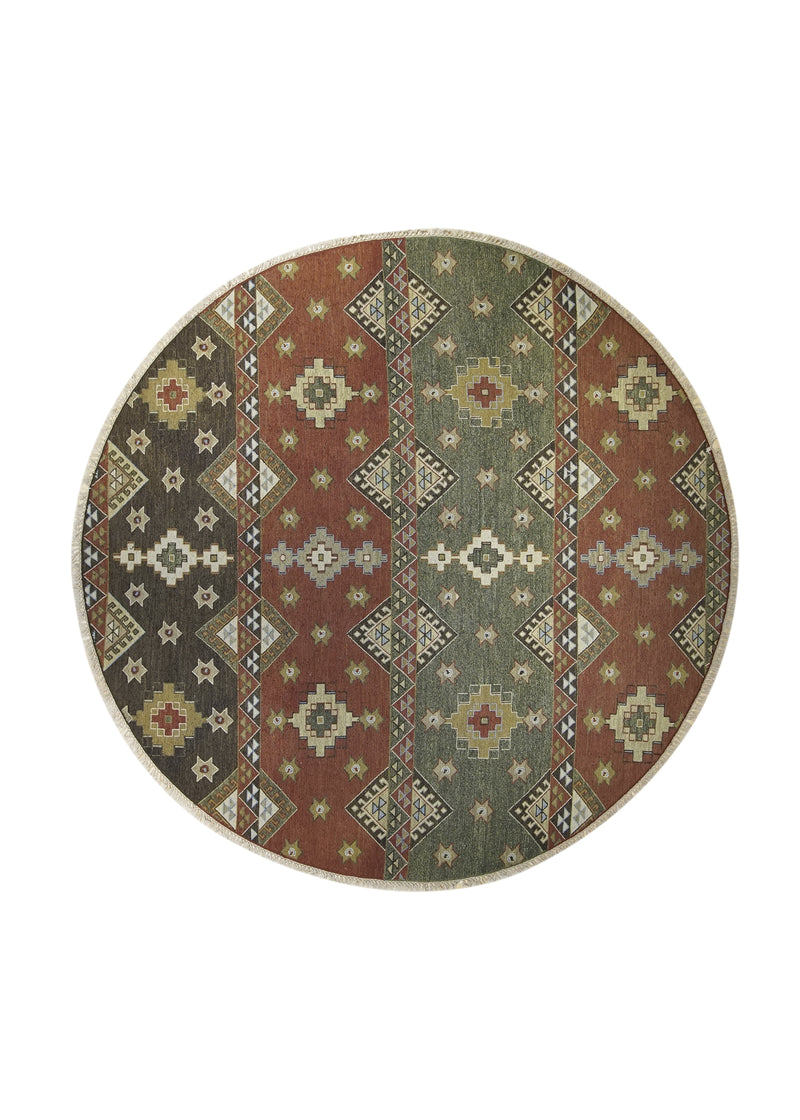 Oriental Rug Indian Handmade Round Transitional 8'0"x8'0" (8x8) Green Red Soumak Geometric Design #A24948