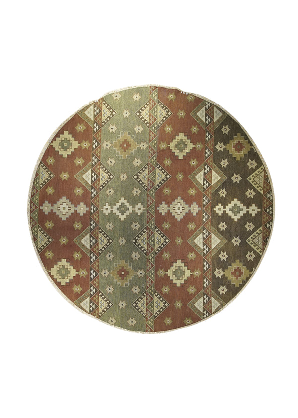 Oriental Rug Indian Handmade Round Transitional 10'0"x10'0" (10x10) Green Red Soumak Geometric Design #A24949
