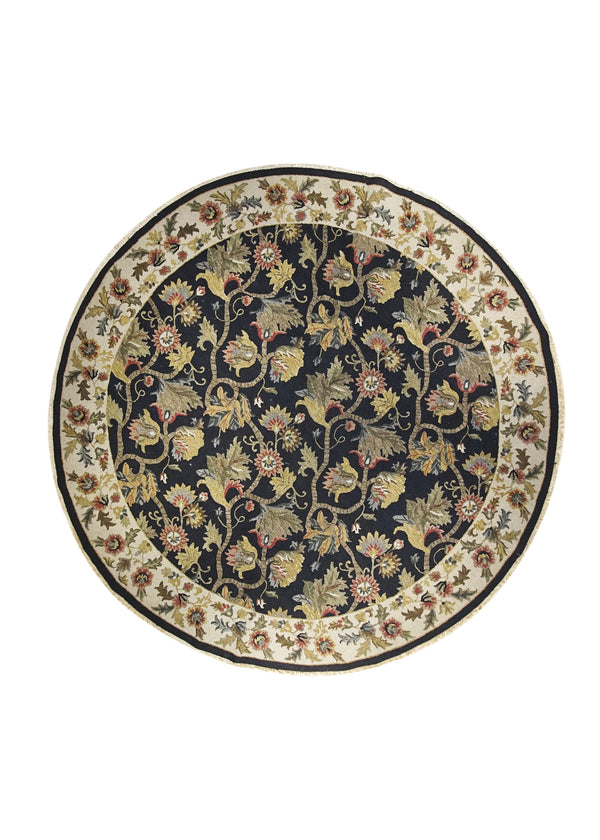 Oriental Rug Indian Handmade Round Transitional 10'0"x10'0" (10x10) Black Whites/Beige Green Soumak Floral Design #A24951