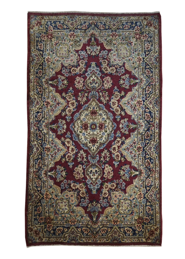 Persian Rug Lavar Kerman Handmade Area Traditional Antique 2'10"x5'0" (3x5) Red Floral Design #A24974