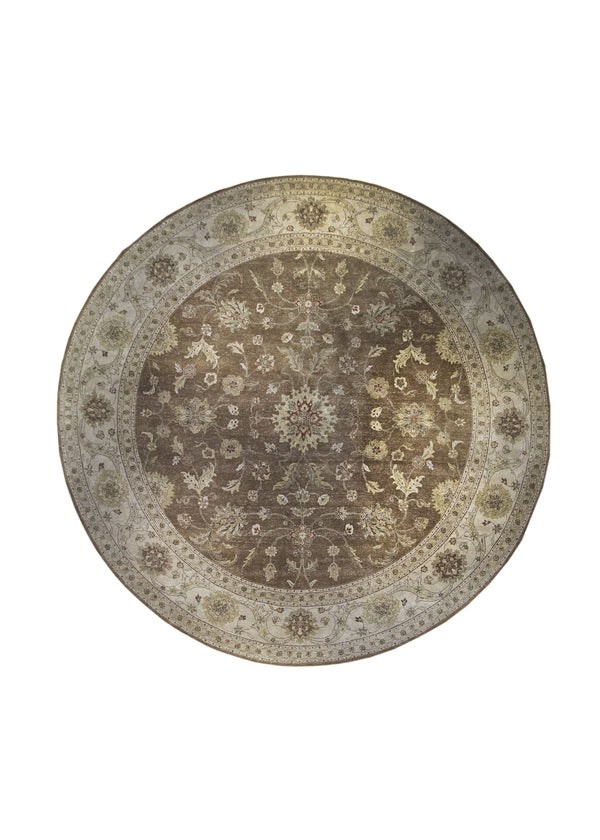 Oriental Rug Indian Handmade Round Transitional 11'11"x11'10" (12x12) Brown Whites/Beige Tea Washed Floral Design #A24979