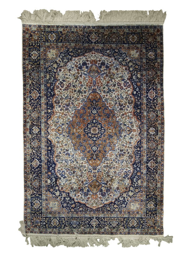 Oriental Rug Kashmiri Handmade Area Traditional 4'0"x5'11" (4x6) Whites/Beige Blue Orange Floral Design #A24988