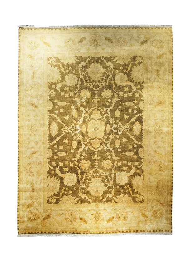Oriental Rug Indian Handmade Area Transitional 9'1"x11'11" (9x12) Brown Whites/Beige Tea Washed Oushak Floral Design #A25038