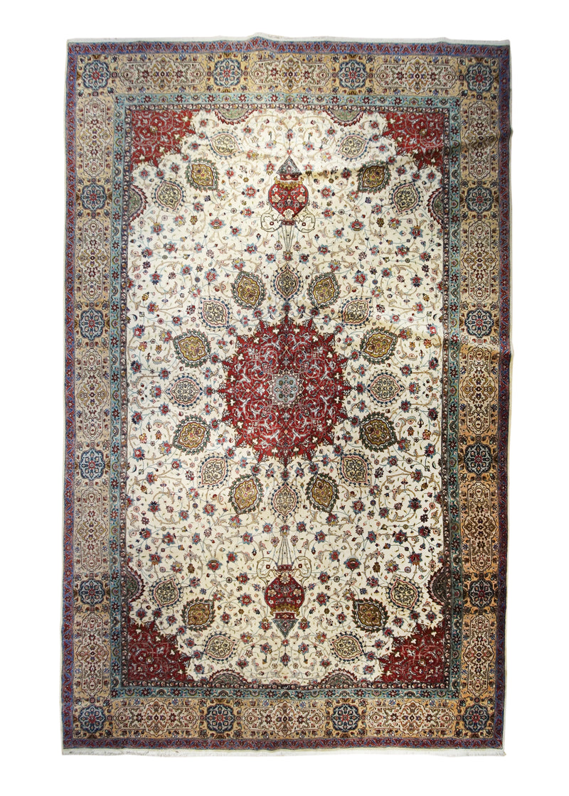 Persian Rug Tabriz Handmade Area Traditional 11'6"x18'3" (12x18) Whites/Beige Red Sheikh Safi Floral Design #A25042