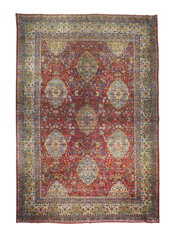 Persian Rug Lavar Kerman Handmade Area Traditional Antique 8'11"x13'1" (9x13) Red Green Floral Design #A25059