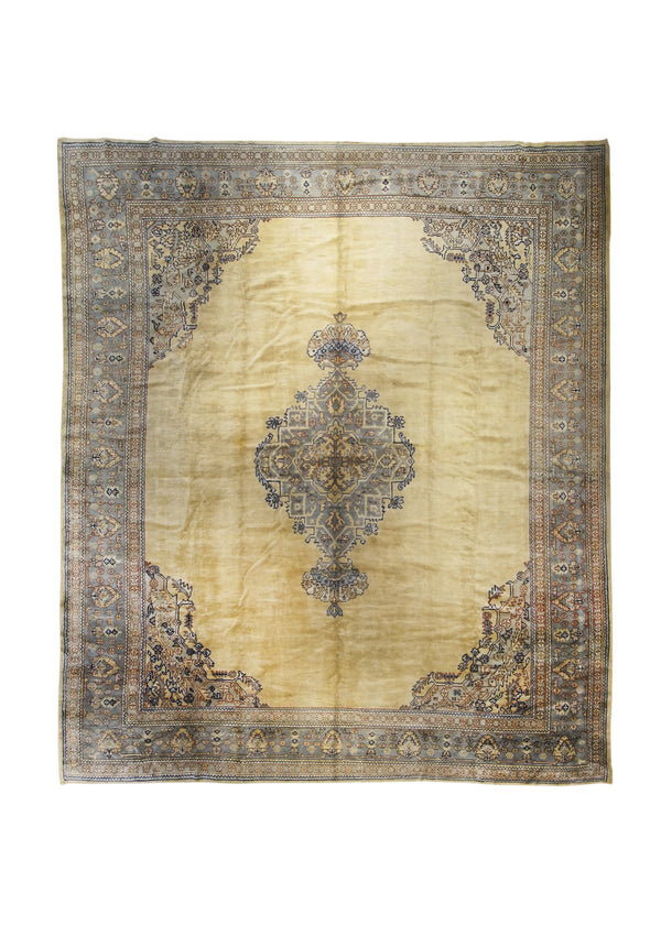 Oriental Rug Turkish Handmade Area Tribal Antique 12'10"x15'0" (13x15) Whites/Beige Blue Oushak Geometric Design #A25109