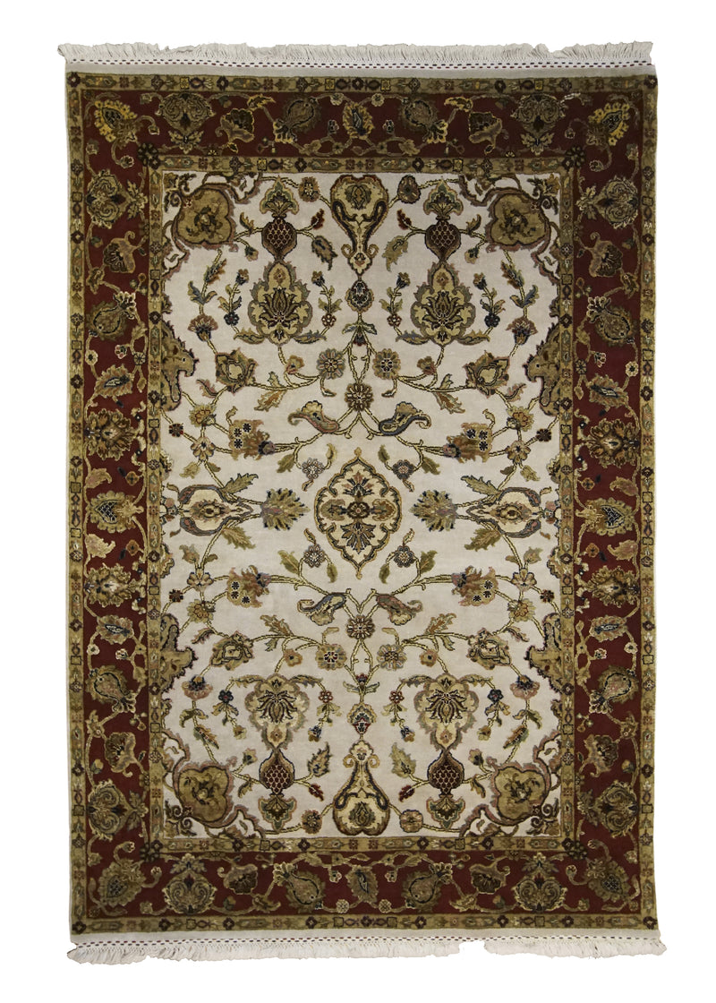 Oriental Rug Indian Handmade Area Transitional 3'11"x5'11" (4x6) Whites/Beige Red Yellow/Gold Tea Washed Floral Oushak Design #A25117