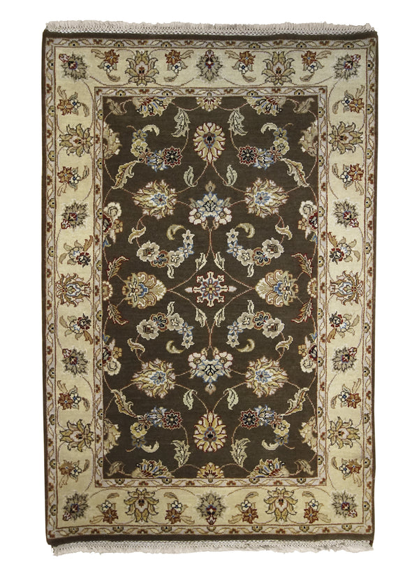 Oriental Rug Indian Handmade Area Transitional 4'0"x6'1" (4x6) Brown Whites/Beige Tea Washed Bhoomi Floral Design #A25118