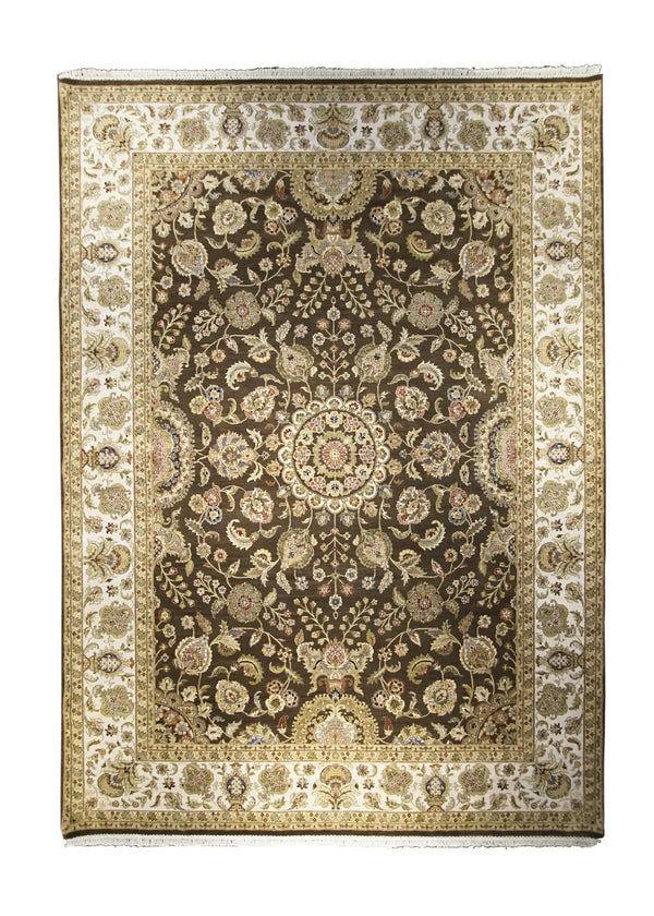 Oriental Rug Indian Handmade Area Transitional 9'2"x12'4" (9x12) Brown Whites/Beige Tea Washed Floral Oushak Design #A25131