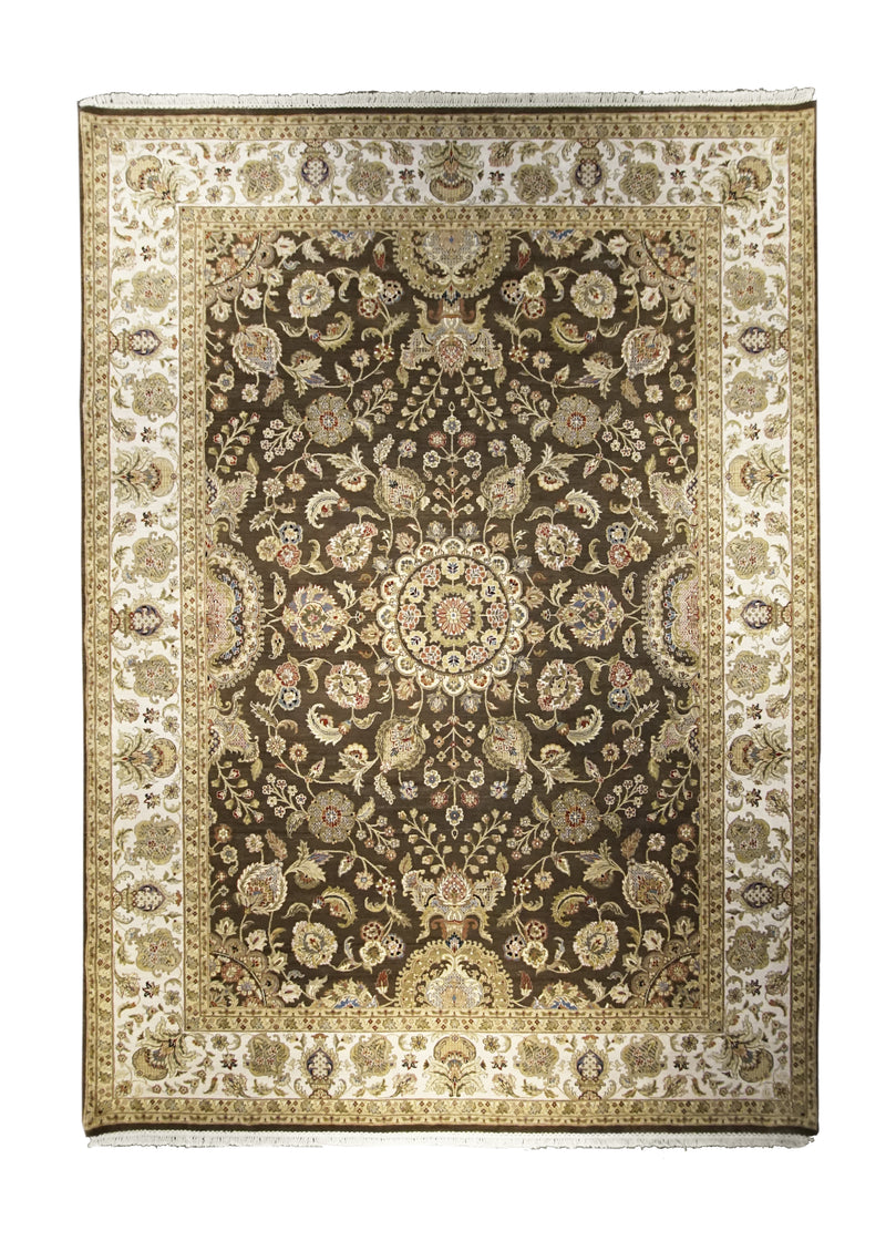 Oriental Rug Indian Handmade Area Transitional 9'2"x12'4" (9x12) Brown Whites/Beige Tea Washed Floral Oushak Design #A25131