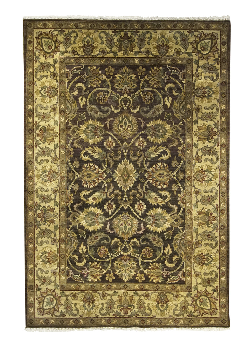 Oriental Rug Indian Handmade Area Transitional 4'0"x6'0" (4x6) Brown Yellow/Gold Green Tea Washed Floral Design #A25139