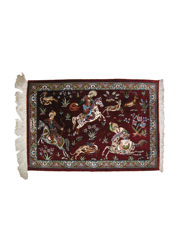 Persian Rug Qum Handmade Area Traditional 1'9"x2'5" (2x2) Red Pictorial Hunting Scene Design #A25172