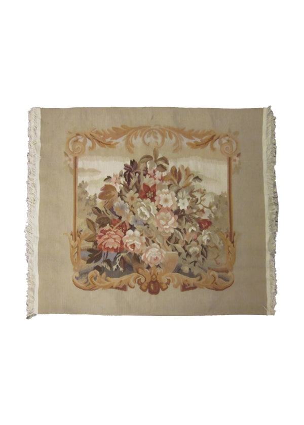 Oriental Rug Chinese Handmade Area Traditional 2'4"x2'5" (2x2) Whites/Beige Tapestry Floral Design #A25173