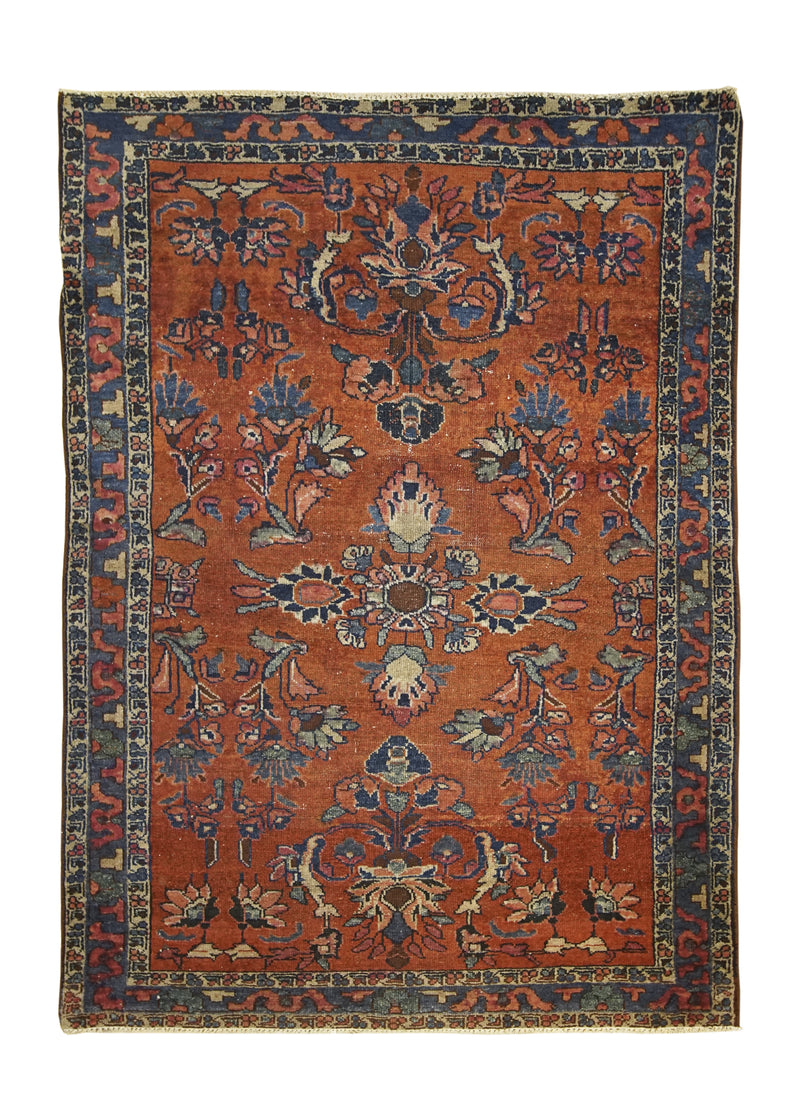 Persian Rug Lilihan Handmade Area Traditional Antique 3'6"x4'6" (4x5) Red Blue Floral Design #A25181