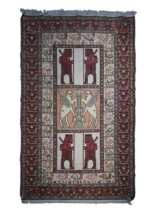 Persian Rug Azerbaijan Handmade Area Tribal 4'0"x6'5" (4x6) Whites/Beige Red Kilim Pictorial Design #A25191