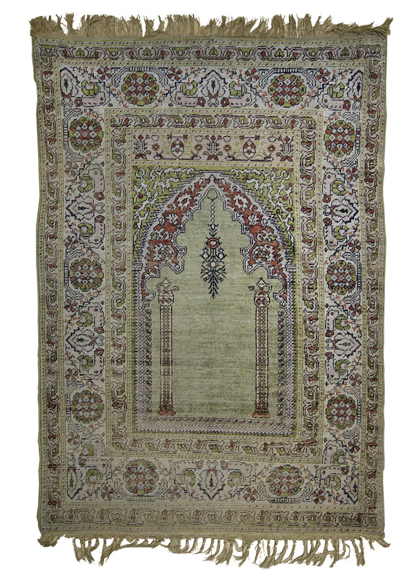 Oriental Rug Turkish Handmade Area Traditional Antique 3'9"x5'3" (4x5) Green Whites/Beige Kayzeri Prayer Rug Design #A25205