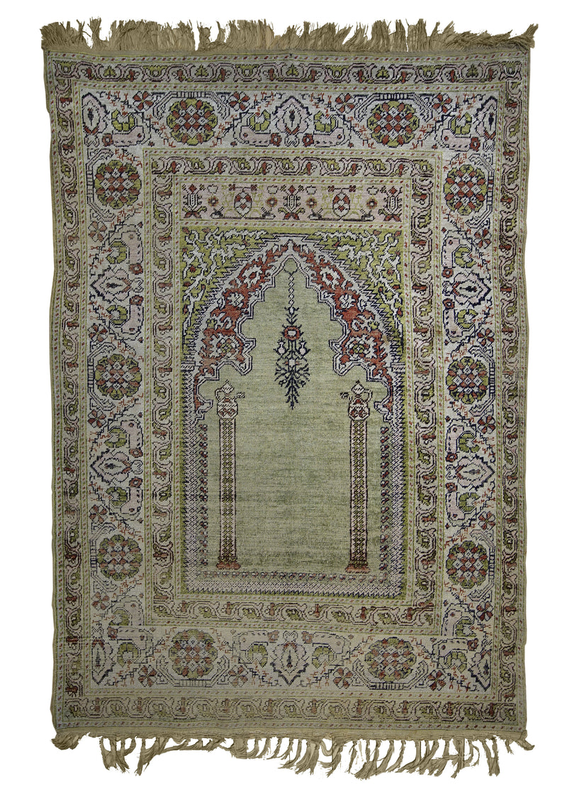Oriental Rug Turkish Handmade Area Traditional Antique 3'9"x5'3" (4x5) Green Whites/Beige Kayzeri Prayer Rug Design #A25205