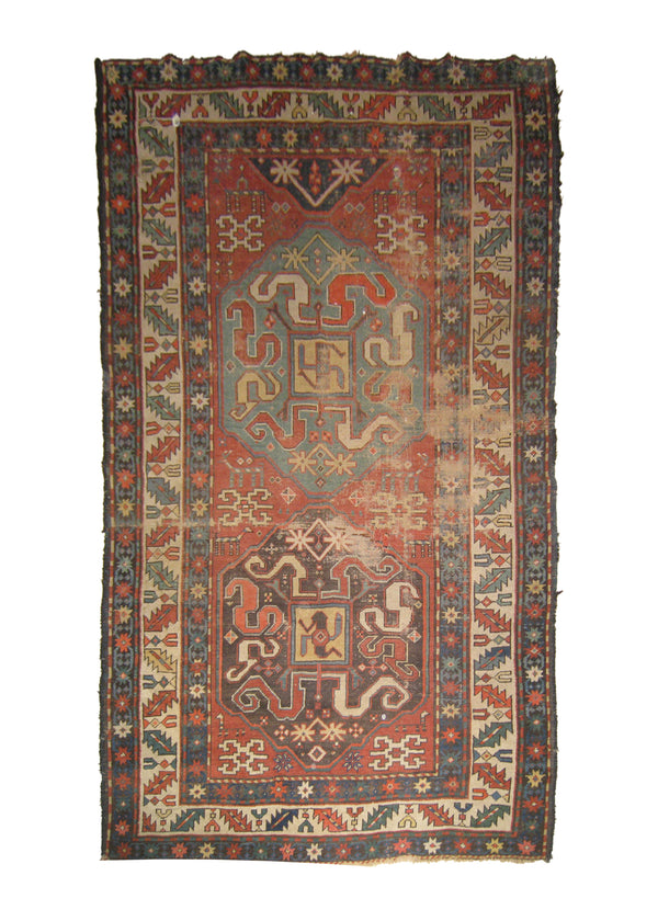 Caucasian Rug Gharabagh Handmade Area Tribal Antique 4'4"x6'10" (4x7) Red Whites/Beige Blue Chondzoresk Claud-Band Geometric Design #A25275