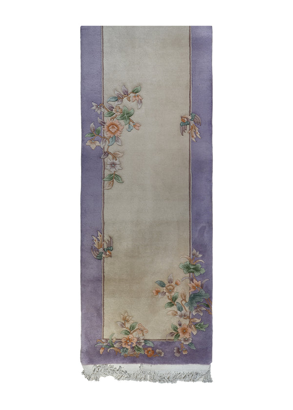 Oriental Rug Chinese Handmade Runner Traditional 2'6"x24'5" (3x24) Whites/Beige Purple Art Deco Animals Design #A25305