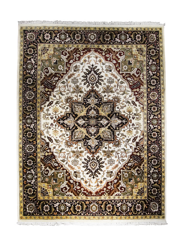 Oriental Rug Indian Handmade Area Transitional Tribal 9'1"x12'0" (9x12) Whites/Beige Black Green Tea Washed Heriz Geometric Design #A25379