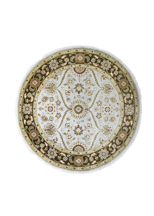 Oriental Rug Indian Handmade Round Transitional 5'11"x6'1" (6x6) Blue Brown Tea Washed Floral Design #A25416