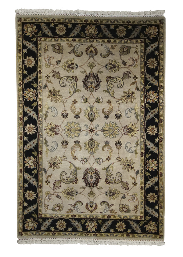 Oriental Rug Indian Handmade Area Transitional 4'0"x6'1" (4x6) Whites/Beige Black Tea Washed Floral Design #A25516