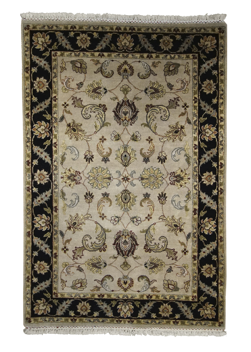 Oriental Rug Indian Handmade Area Transitional 4'0"x6'1" (4x6) Whites/Beige Black Tea Washed Floral Design #A25516