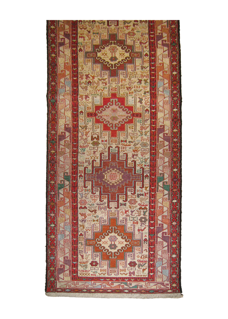 Persian Rug Azerbaijan Handmade Runner Tribal 2'3"x9'5" (2x9) Whites/Beige Red Geometric Kilim Animals Design #A25546
