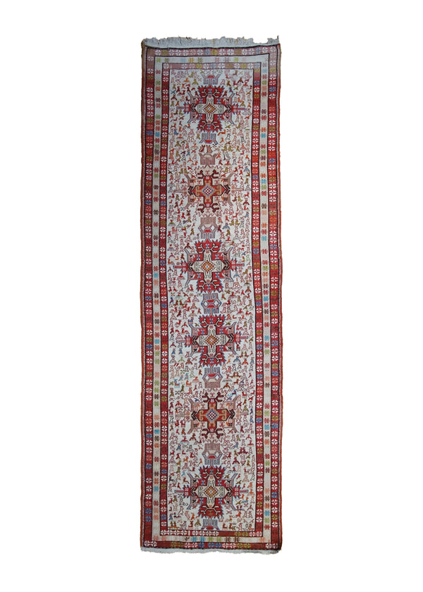 Persian Rug Azerbaijan Handmade Runner Tribal 2'5"x9'3" (2x9) Whites/Beige Red Geometric Design #A25547