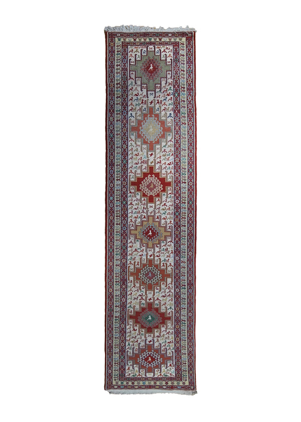 Persian Rug Azerbaijan Handmade Runner Tribal 2'3"x9'3" (2x9) Whites/Beige Red Geometric Design #A25548