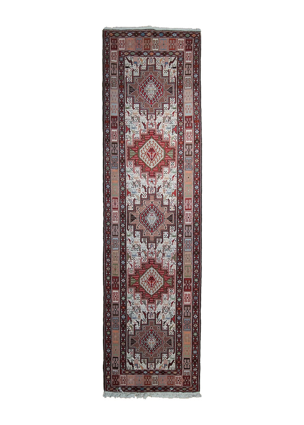Persian Rug Azerbaijan Handmade Runner Tribal 2'5"x9'5" (2x9) Whites/Beige Pink Red Geometric Design #A25549
