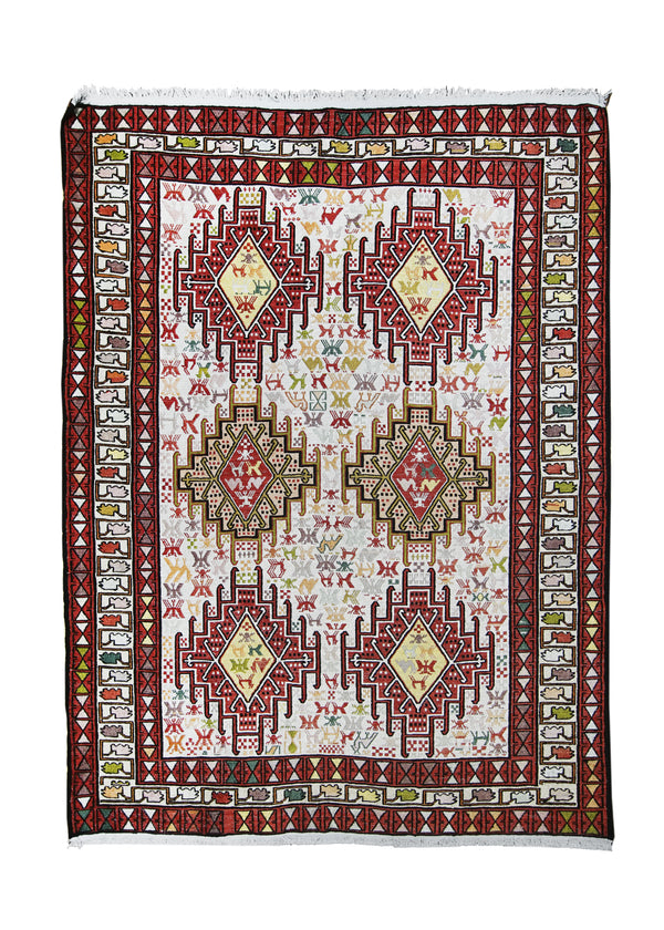 Persian Rug Azerbaijan Handmade Area Tribal 3'6"x4'4" (4x4) Whites/Beige Red Yellow/Gold Geometric Kilim Design #A25556