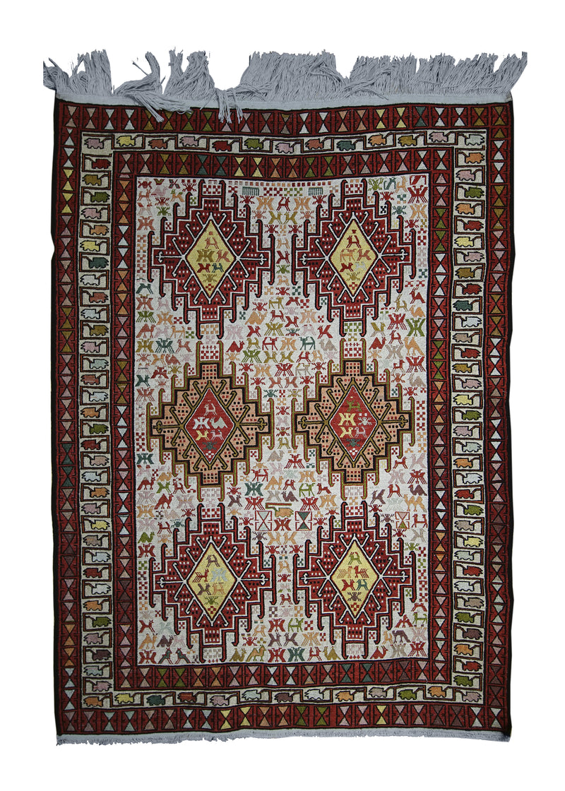 Persian Rug Azerbaijan Handmade Area Tribal 3'4"x4'4" (3x4) Whites/Beige Red Yellow/Gold Geometric Kilim Design #A25558