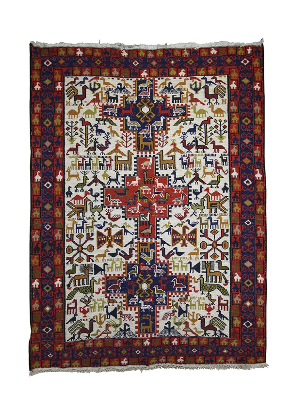 Persian Rug Azerbaijan Handmade Area Tribal 3'6"x4'9" (4x5) Whites/Beige Blue Red Geometric Kilim Design #A25650