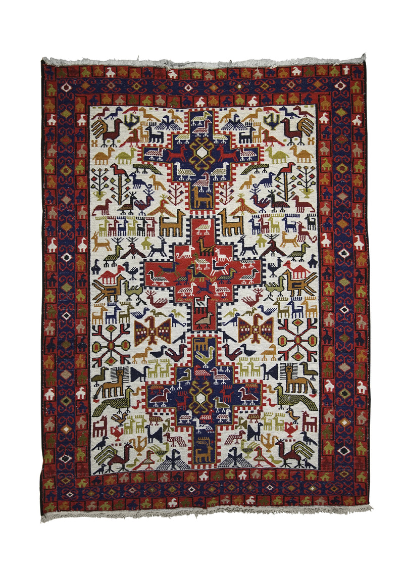 Persian Rug Azerbaijan Handmade Area Tribal 3'6"x4'9" (4x5) Whites/Beige Blue Red Geometric Kilim Design #A25650