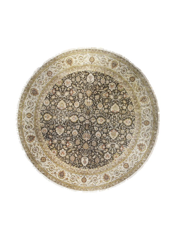 Oriental Rug Indian Handmade Round Transitional 12'0"x12'0" (12x12) Brown Whites/Beige Green Tea Washed Floral Oushak Design #A25723