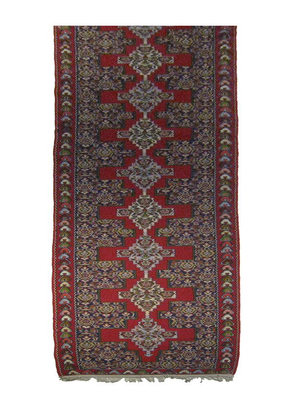 Persian Rug Senneh Handmade Runner Tribal 2'11"x11'3" (3x11) Red Blue Geometric Kilim Design #A25754