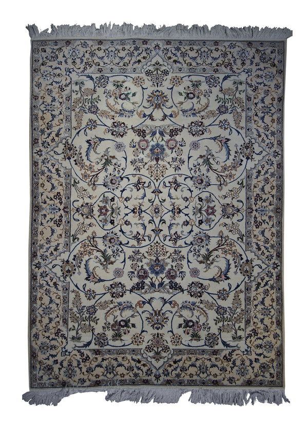 Persian Rug Nain Handmade Area Traditional 4'3"x5'9" (4x6) Whites/Beige Blue Floral Design #A25830