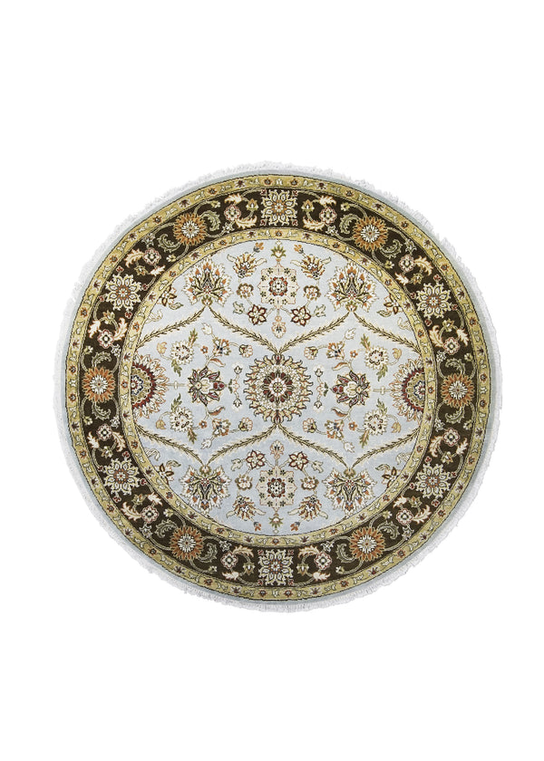 Oriental Rug Indian Handmade Round Transitional 6'0"x6'0" (6x6) Blue Brown Tea Washed Floral Design #A25833