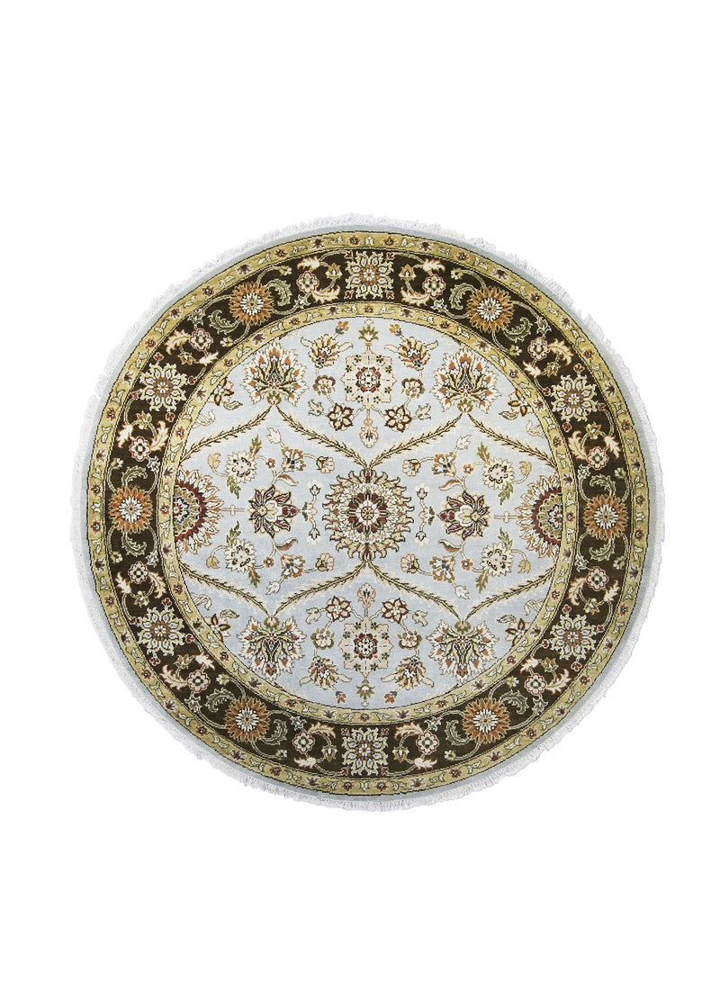 Oriental Rug Indian Handmade Round Transitional 6'0"x6'0" (6x6) Blue Brown Tea Washed Floral Design #A25833