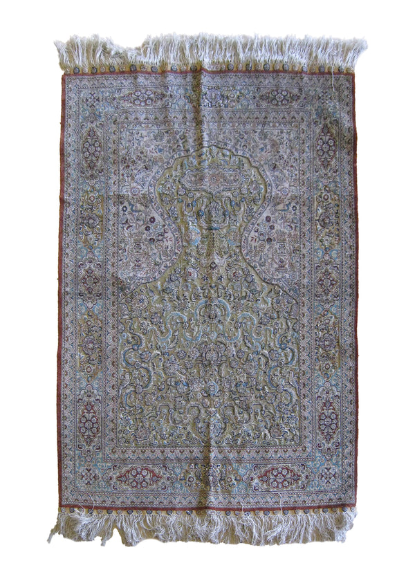 Oriental Rug Turkish Handmade Area Traditional 3'0"x4'4" (3x4) Yellow/Gold Blue Prayer Rug Design #A25844