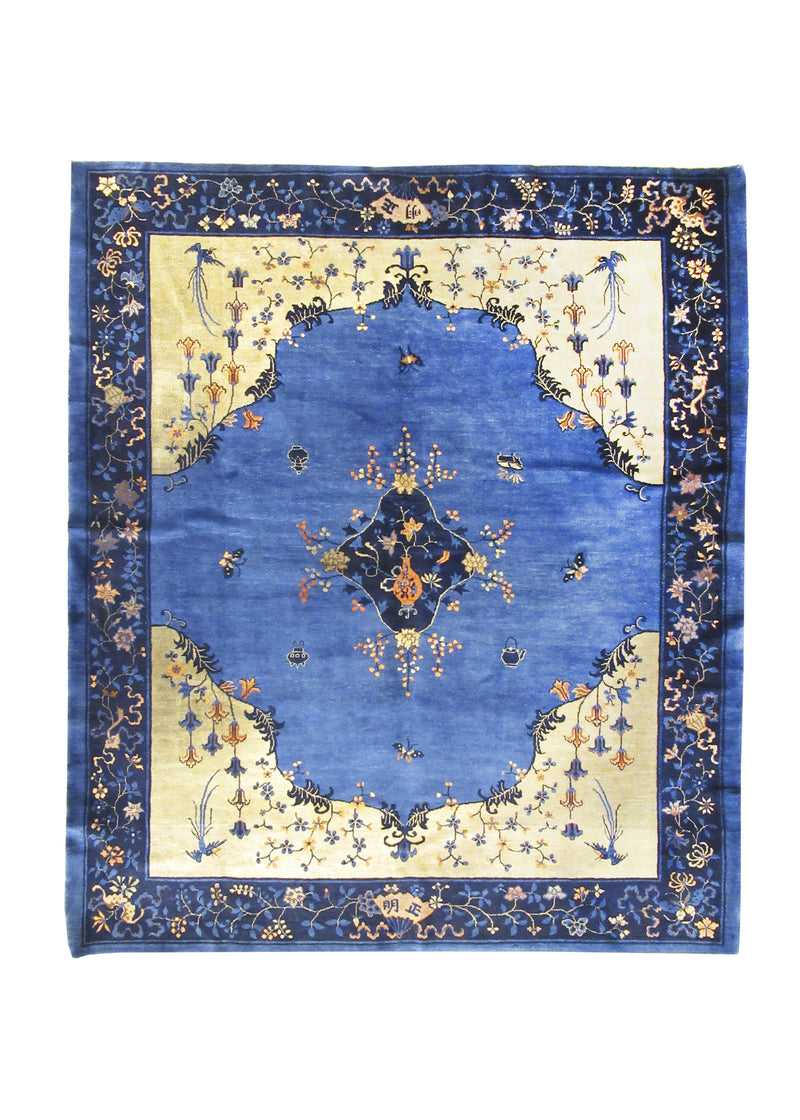 Oriental Rug Chinese Handmade Area Traditional Antique 8'3"x9'6" (8x10) Blue Whites/Beige Peking Open Design #A25847