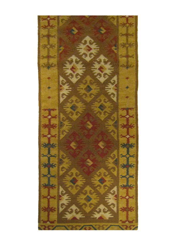 Oriental Rug Indian Handmade Runner Transitional 2'6"x10'0" (3x10) Brown Red Multi-color Dhurrie Geometric Design #A25851